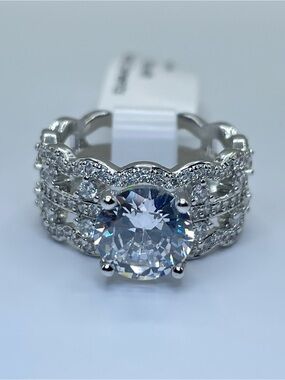 Swarovski Crystal Elements White Round Cut Wide Band Statement Ring Size 7